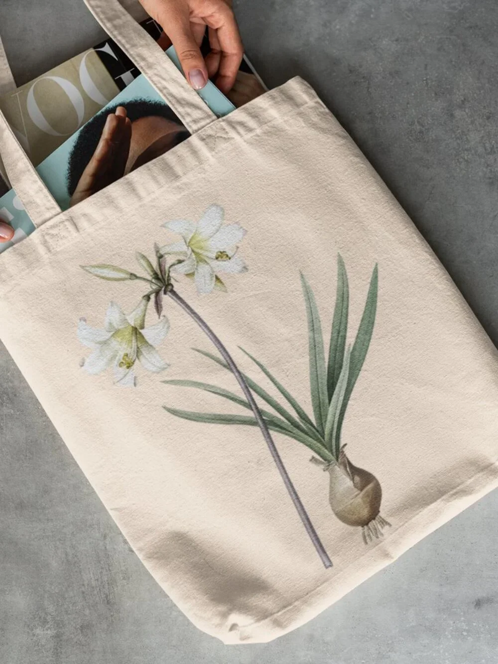 Belladonna Lily Vintage Floral Print Graphic Canvas Tote Bag